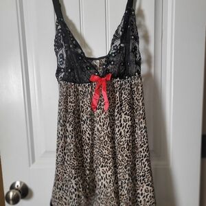 Leopard Satin Y2K Lace Chemise with Red Bow.  Size 1X/2X